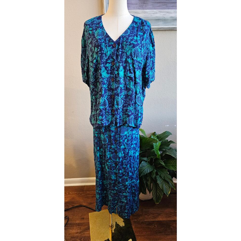 Vintage Maggie McNaughton Floral Rayon Top and Maxi Skirt Set Women Size 2X Blue